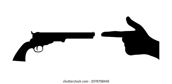 Vector icon of hand palm showing forefinger in gun sign and pistol gun icon in opposite. Infographic element and icons.