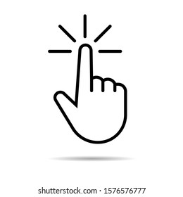 Vector icon of hand with pointing finger. Click, touch, press action symbol. Graphic pictogram of touch cursor. Lined style.