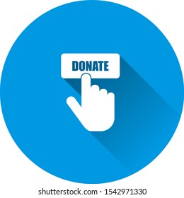 Vector icon hand presses button donate icon on blue background. Flat image with long shadow.