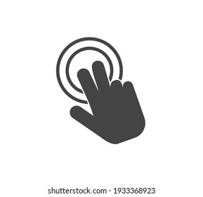 Vector icon hand presses clicks on the button on white isolated background. Layers grouped for easy editing illustration. For your design.