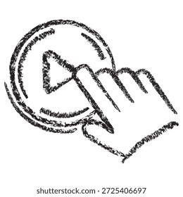 Icono de Vector de una mano presionando el Botón de reproducción. Croquis de carbón texturizado marrón oscuro en un estilo lineal sobre fondo transparente. Concepto de inicio, lanzamiento y activación multimedia
