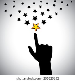 Vector Icon Of Hand Reaching For Stars - Concept Of Ambition. This Also Represents Concepts Like Aspiration, Determination, Will Power, Greed, Hope, Dreams, Initiative, Trying, Spirit, Select, Choose