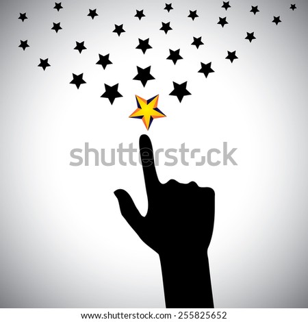 vector icon of hand reaching for stars - concept of ambition. This also represents concepts like aspiration, determination, will power, greed, hope, dreams, initiative, trying, spirit, select, choose