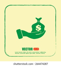 Vector icon hand silhouette protecting dollar money bag exchange