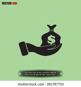 Vector icon hand silhouette protecting dollar money bag exchange