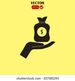 Vector icon hand silhouette protecting dollar money bag exchange