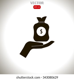 Vector icon hand silhouette protecting dollar money bag exchange