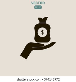Vector icon hand silhouette protecting dollar money bag exchange