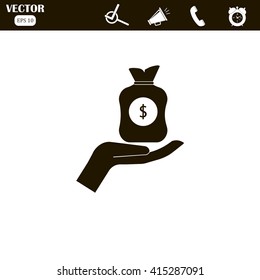 Vector icon hand silhouette protecting dollar money bag exchange