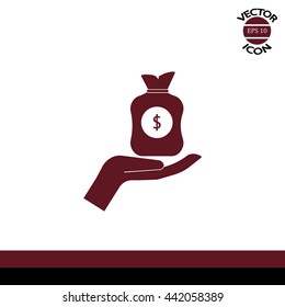 Vector icon hand silhouette protecting dollar money bag exchange
