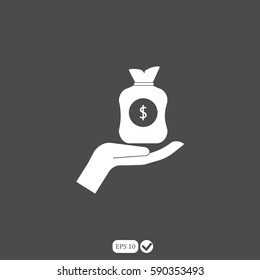 Vector icon hand silhouette protecting dollar money bag exchange