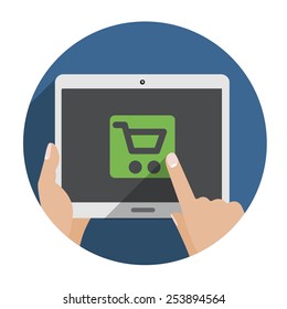 Vector icon with the hand and the tablet to open the online shop