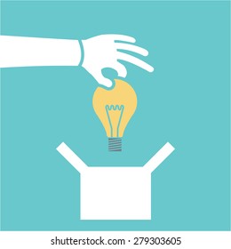 Vector icon of hand takes out an idea bulb out of the box | white modern flat design conceptual pictograms and illustrations isolated on green background