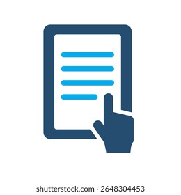 Vector icon of a hand touching or tapping a digital document on a tablet. Suitable for user interface design, mobile apps, and digital library systems.