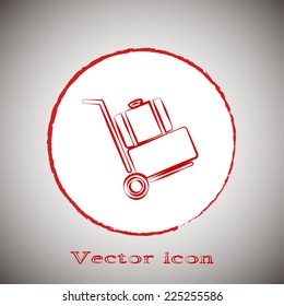 Vector icon Hand truck Red round button on a gray background