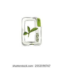 Vector icon of a hand-drawn image of stevia, in the form of tablets in a plastic package with an image of a green plant. A natural sweetener for sugar-free diets