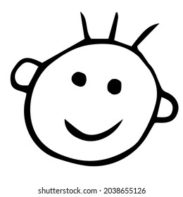Vector icon, hand-drawn smiling smiley face with hair, doodle.