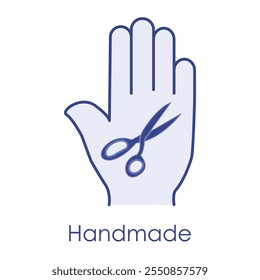 Vector icon for handmade crafts. Features a hand holding scissors symbolizing creativity and artisanal crafting.