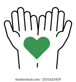 Vector icon of Handmade hands with green heart. A line drawing of two hands holding a green heart, symbolizing handmade and eco-friendly products.