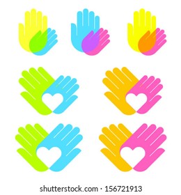 Vector icon with hands. Care symbols of children, about health, the nature and environment