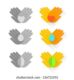 Vector icon with hands. Care symbols of children, about health, the nature and environment