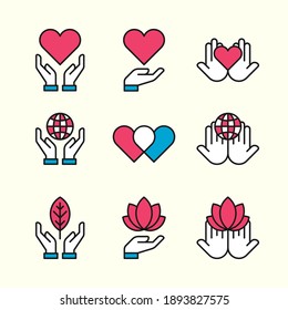 Vector icon with hands. Care symbols of children, about health, the nature and environment