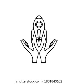 Vector icon, hands hold a rocket between the palms, black outline. Flat cartoon design isolated on white background, eps 10.