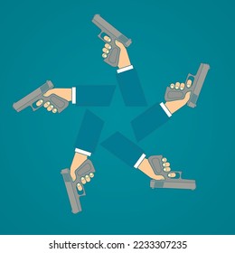 Vector icon hands holding gun. Blue background.