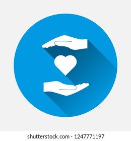Vector icon of  hands holding a heart. healthcare symbol  on blue background. Flat image Heart and hands with long shadow. Layers grouped for easy editing illustration. For your design.