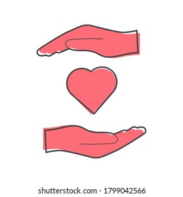Vector icon of  hands holding a heart. healthcare symbol cartoon style on white isolated background.