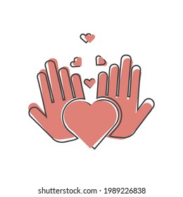 Vector icon of hands holding a heart healthcare symbol on cartoon style on white isolated background.