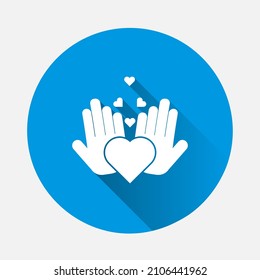 Vector icon of hands holding a heart healthcare symbol icon on blue background. Flat image with long shadow.