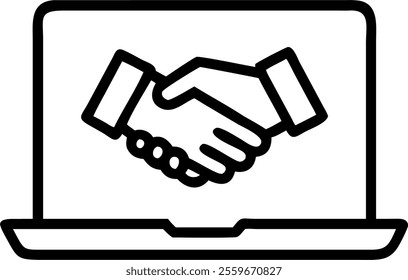 Vector icon of a handshake coming out of a laptop screen representing online deals. concept as A creative vector illustration showing two hands shaking emerging from a laptop screen symbolizing online