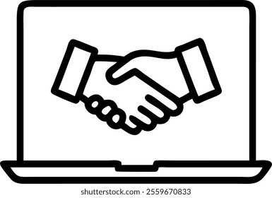 Vector icon of a handshake coming out of a laptop screen representing online deals. concept as A creative vector illustration showing two hands shaking emerging from a laptop screen symbolizing online