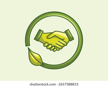 Vector icon of a handshake inside a green leaf circle, symbolizing eco-friendly partnership, sustainable collaboration, and green business agreements.