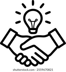 Vector icon of a handshake with a lightbulb symbolizing innovative partnerships. concept as A simple vector illustration of two hands shaking with a lightbulb above them representing collaboration on