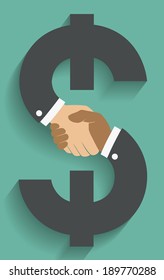 Vector icon handshake on money sign. Background for business and finance 