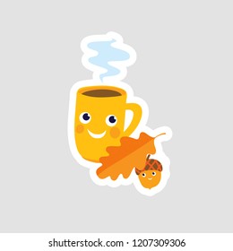 Vector icon with happy autumn friends: mug and acorn. 