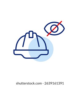 Vector icon of hard hat with crossed-out eye, representing concealed protection, invisible hazard warnings, or private industrial protocols. Ideal for workplace safety apps and security platforms