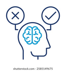 Vector icon of Head with brain and Checkmark and cross. This icon represents the process of evaluating choices and selecting the best option for achieving goals.