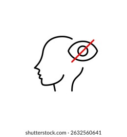 Vector icon of head with crossed-out eye, symbolizing hidden thoughts, private mind, or unseen awareness. Ideal for mental health apps, privacy settings, and cognitive platforms