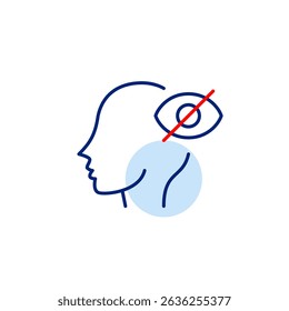 Vector icon of head with crossed-out eye, symbolizing hidden thoughts, private mind, or unseen awareness. Ideal for mental health apps, privacy settings, and platforms
