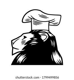 Vector icon of the head of a lion, wearing a cooking hat, in white and black color, to use like a logo, icon or design element.