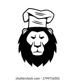 Vector icon of the head of a lion, wearing a cooking hat, in white and black color, to use like a logo, icon or design element.