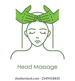 Vector icon for head massage and stress relief. Shows hands massaging a person’s head, symbolizing tension relief and relaxation.