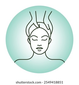 Vector icon for head massage and stress relief. Shows hands massaging a person’s head, symbolizing tension relief and relaxation.