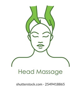 Vector icon for head massage and stress relief. Shows hands massaging a person’s head, symbolizing tension relief and relaxation.