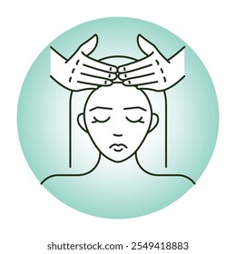 Vector icon for head massage and stress relief. Shows hands massaging a person’s head, symbolizing tension relief and relaxation.