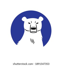 Vector icon of the head a polar bear, in white color with black lines, into a dark blue circle. Design element to use like a logo or similar thing.