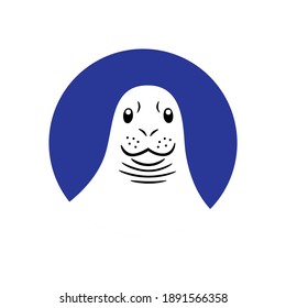 Icono vector de la cabeza un sello, de color blanco con líneas negras, en un círculo azul oscuro. Diseñar para usar como un logotipo o algo similar.